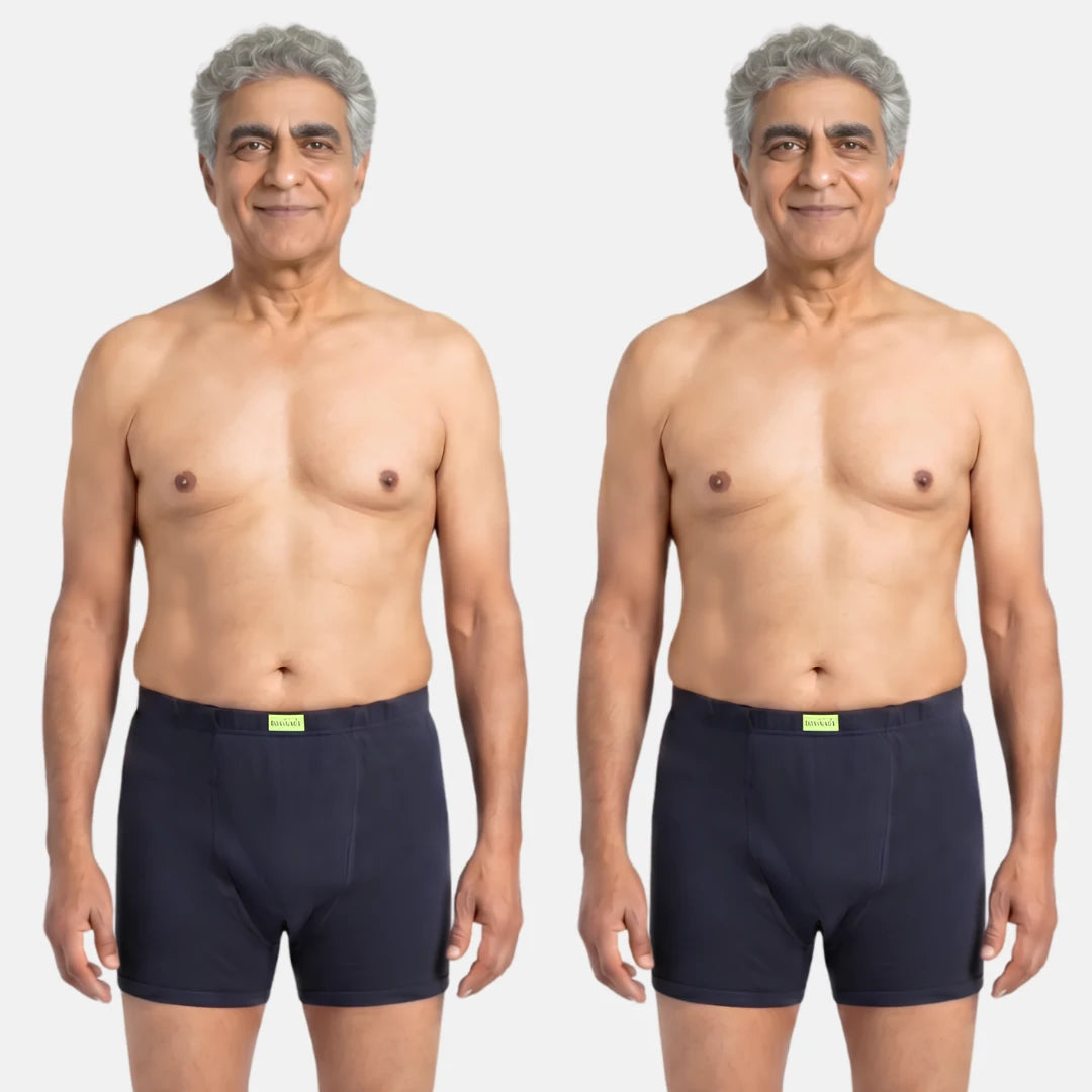 Men Wearing Incontinence Trunks Of Navy Blue Color