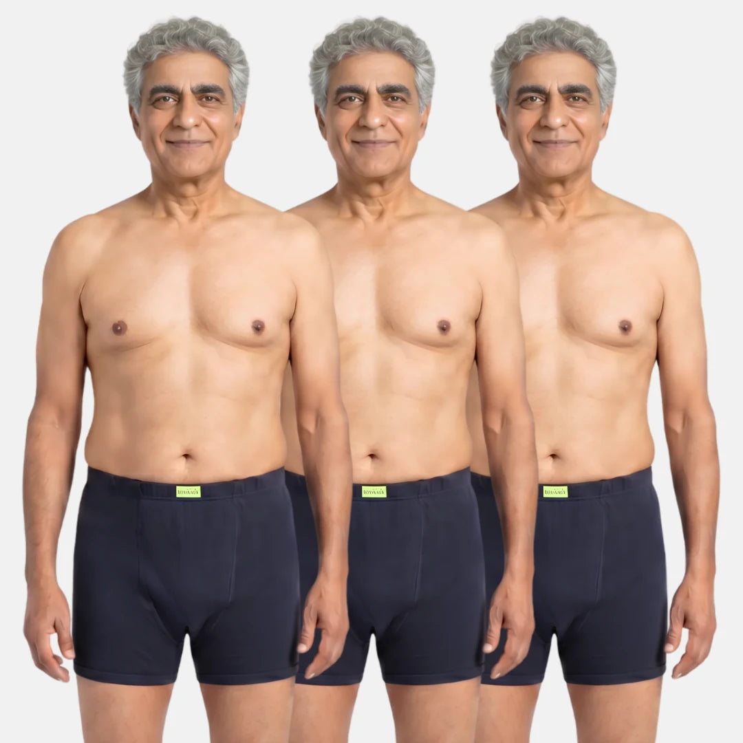 Men Wearing Incontinence Trunks Of Navy Blue Color Pack Of 3