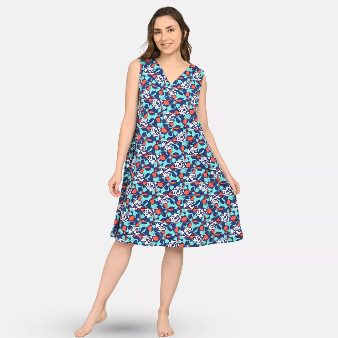 Woman wearing a v neck cotton nighty blue floral