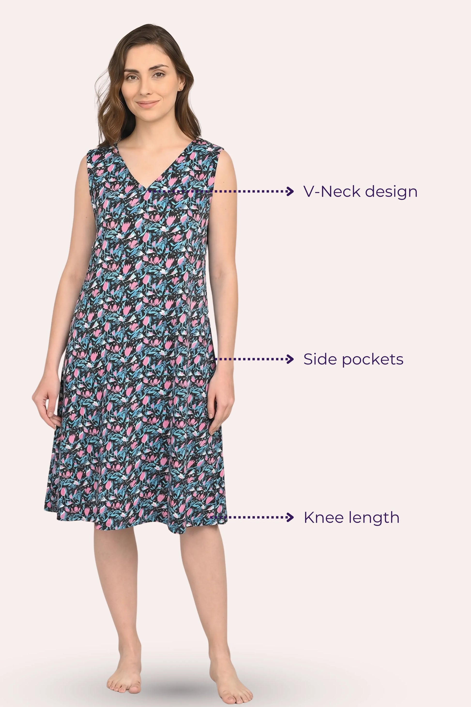 Woman wearing a patterned nightgown with labeled features
