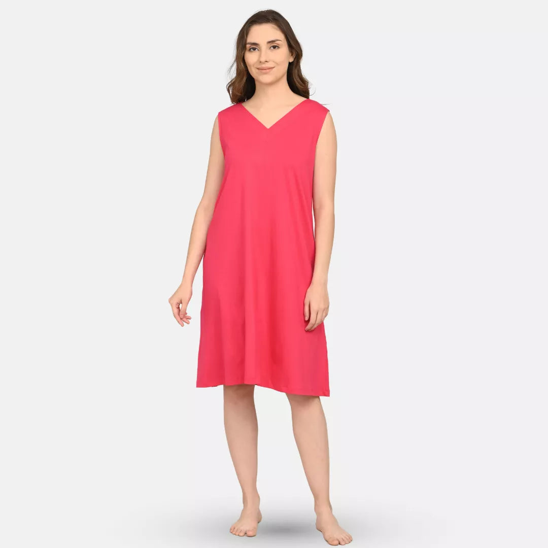 Woman wearing a dark pink v neck cotton nighty