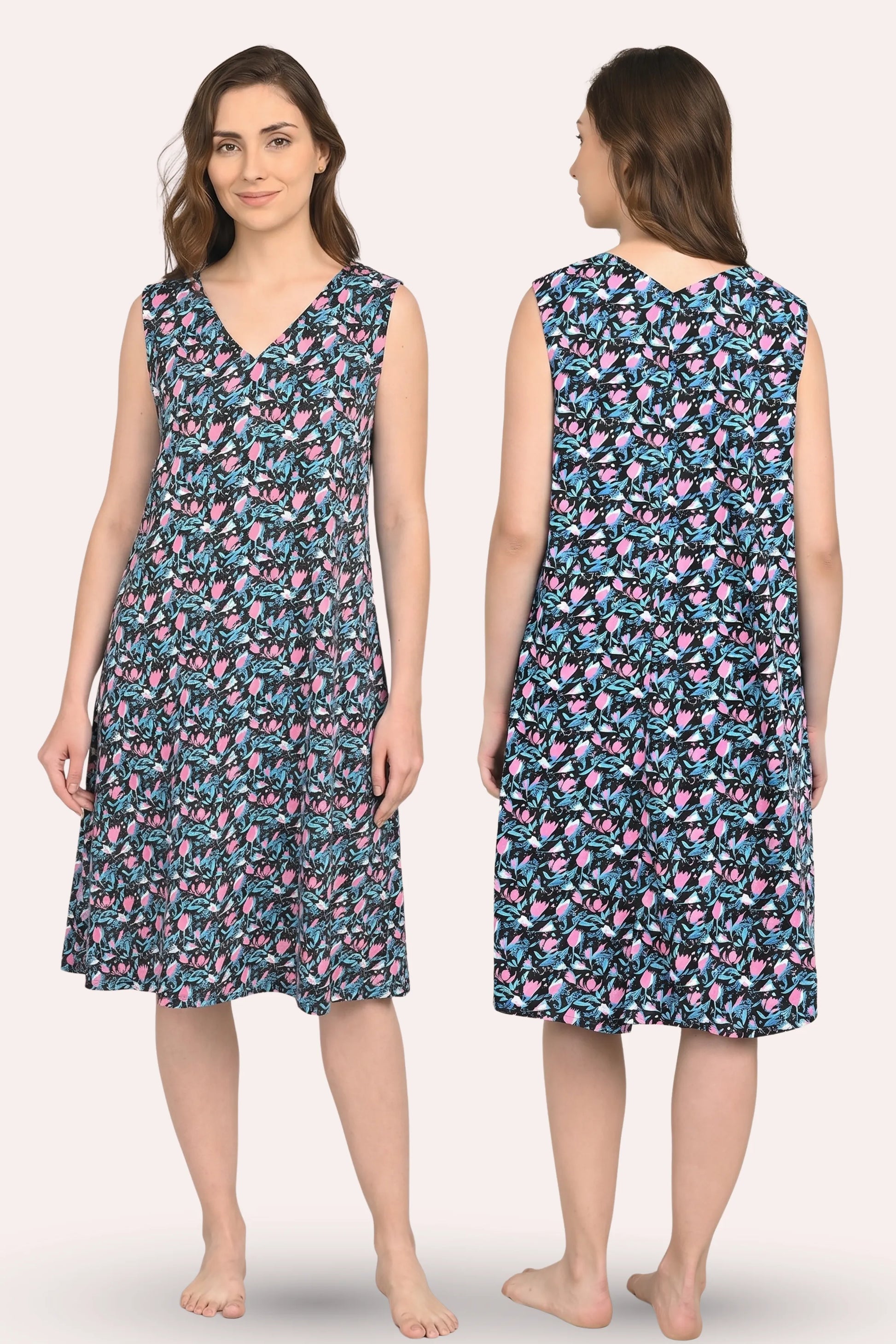 Woman wearing a floral dress from front and back views
