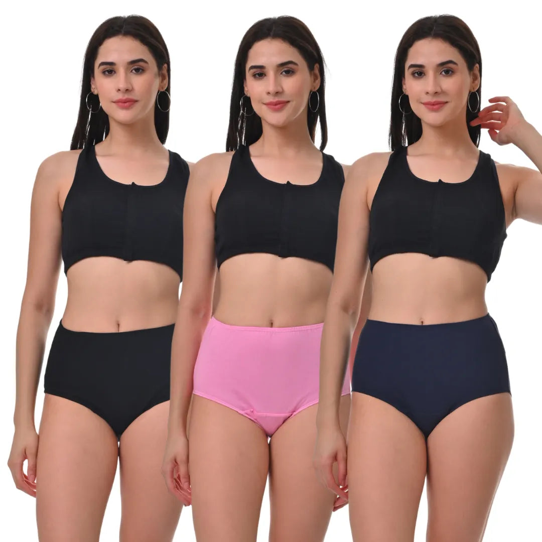 Women High Waist Hygiene Panties Black, Navy Blue & Light Pink