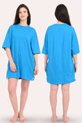Woman wearing a bright blue oversized t-shirt dress, shown from front and back on a white background.