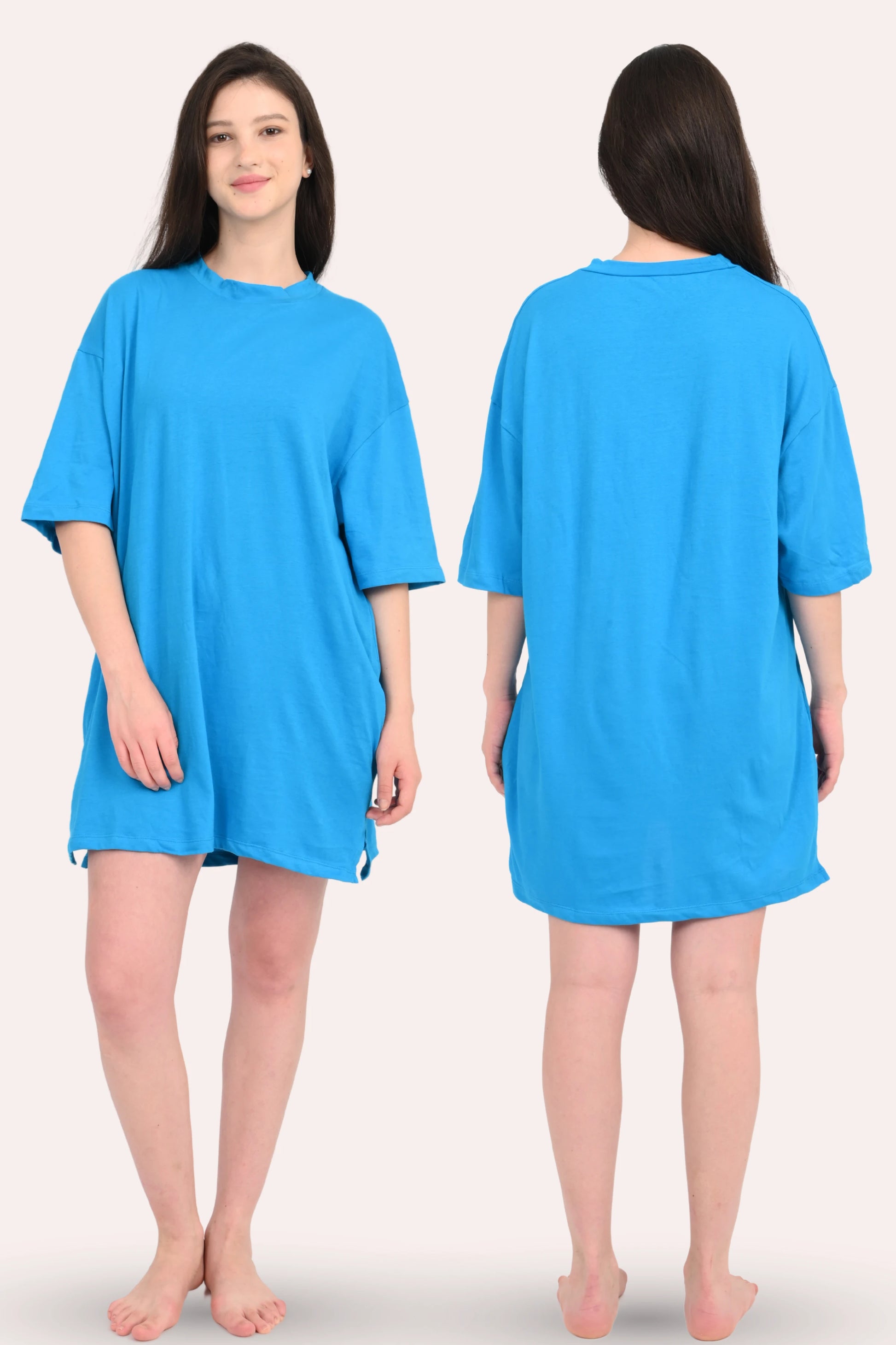 Woman wearing a bright blue oversized t-shirt dress, shown from front and back on a white background.