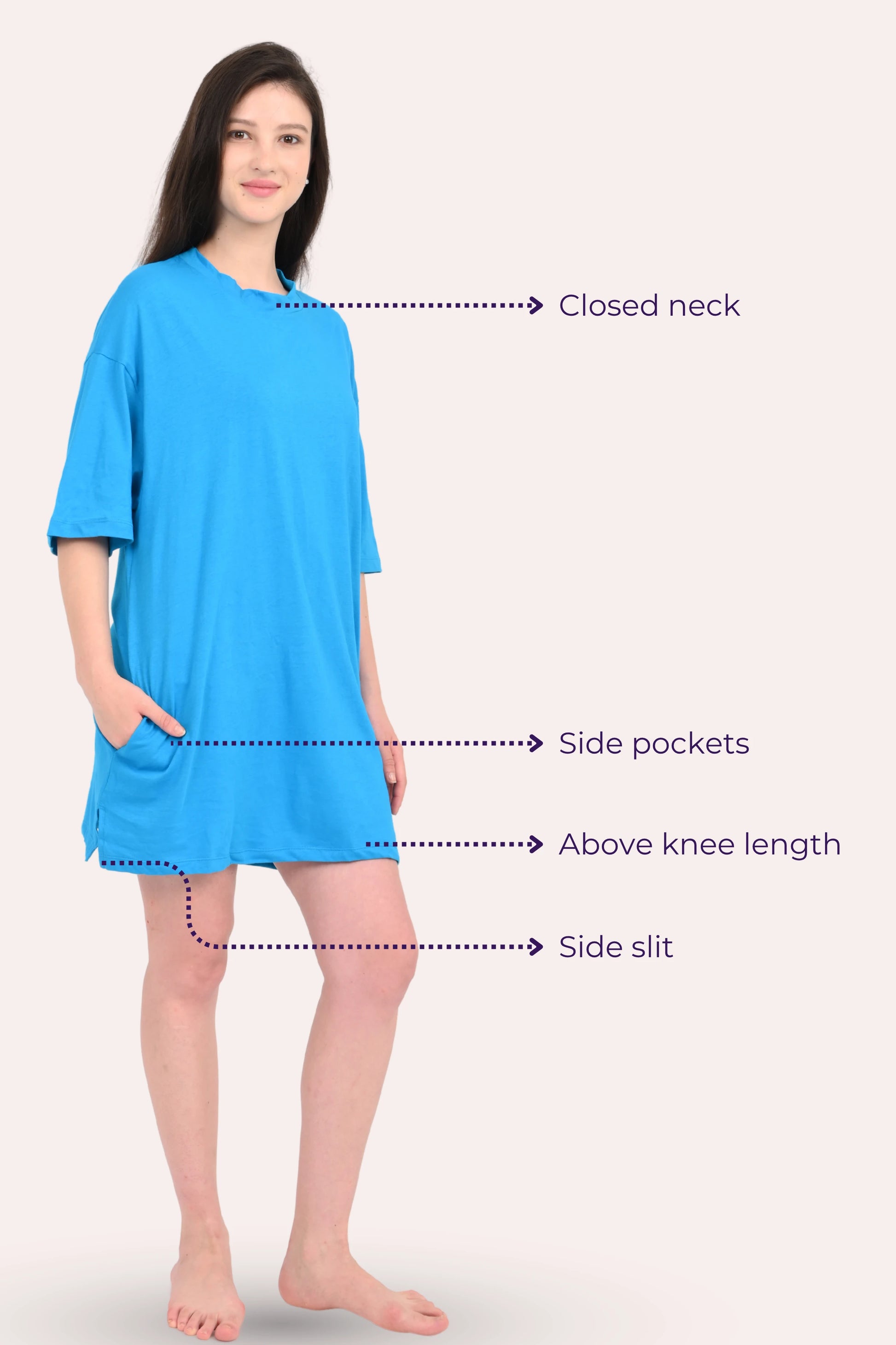 Bright blue nightshirt with labeled features on a white background