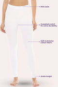 White leggings with labeled features on a neutral background
