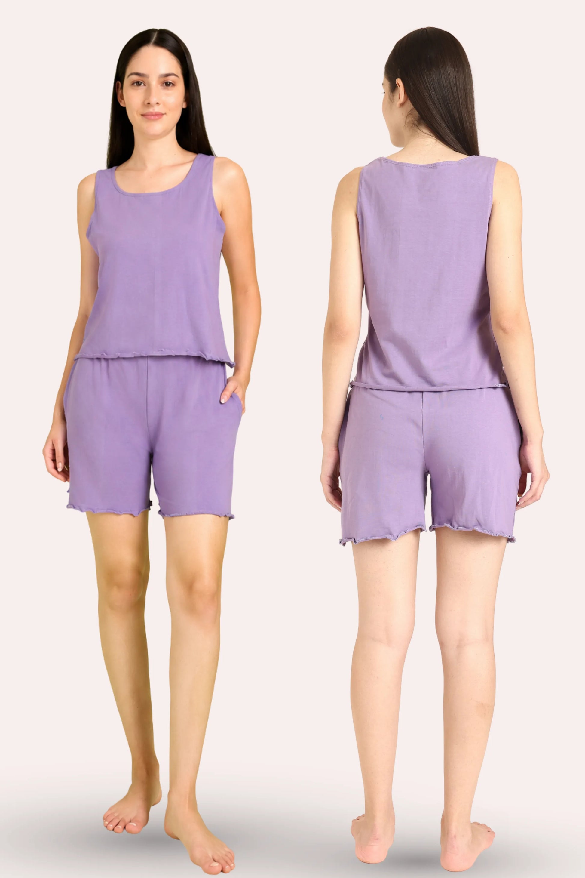 Woman wearing a lavender sleeveless top and shorts set, shown from front and back