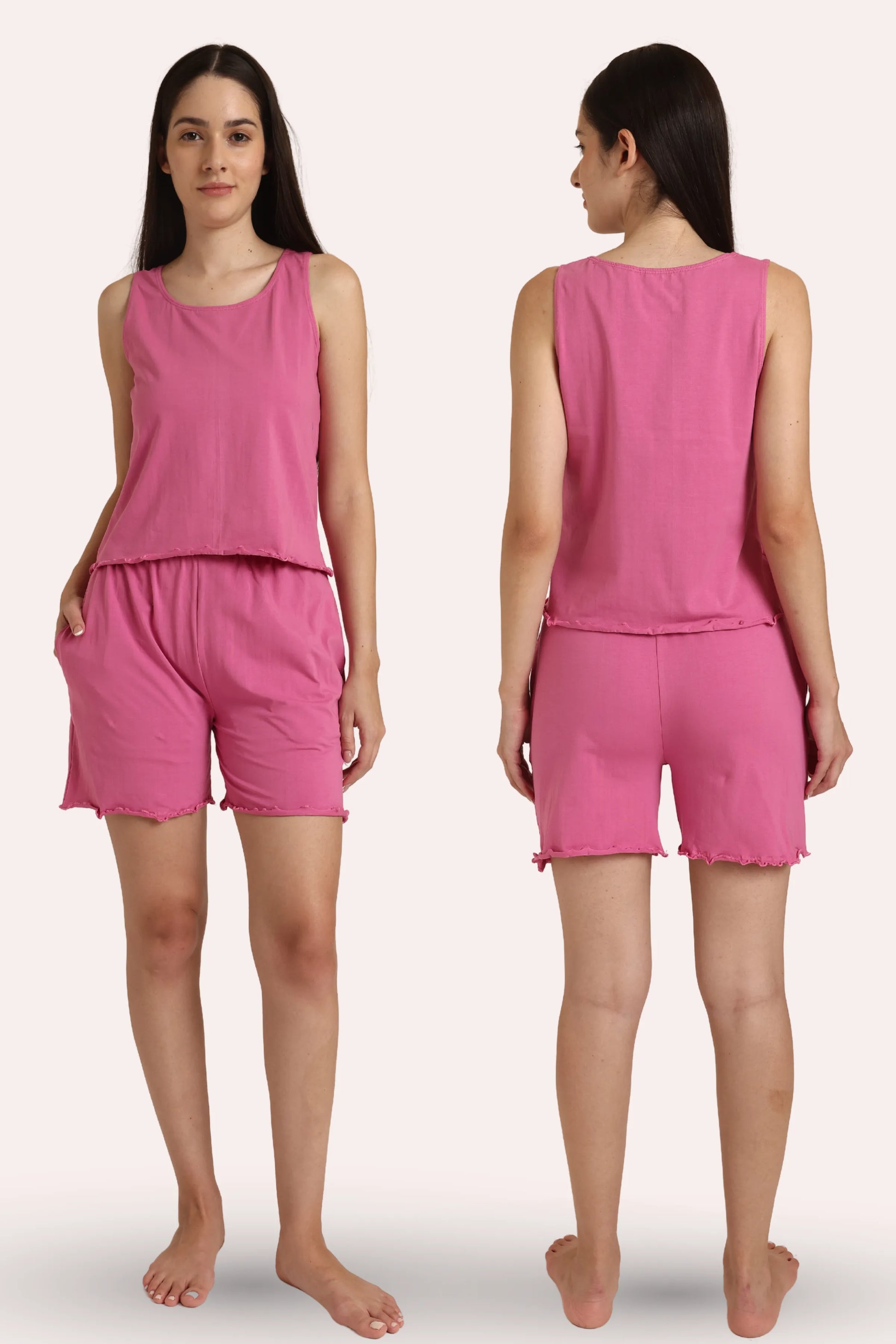 Woman wearing a rose sleeveless top and shorts set, shown from front and back
