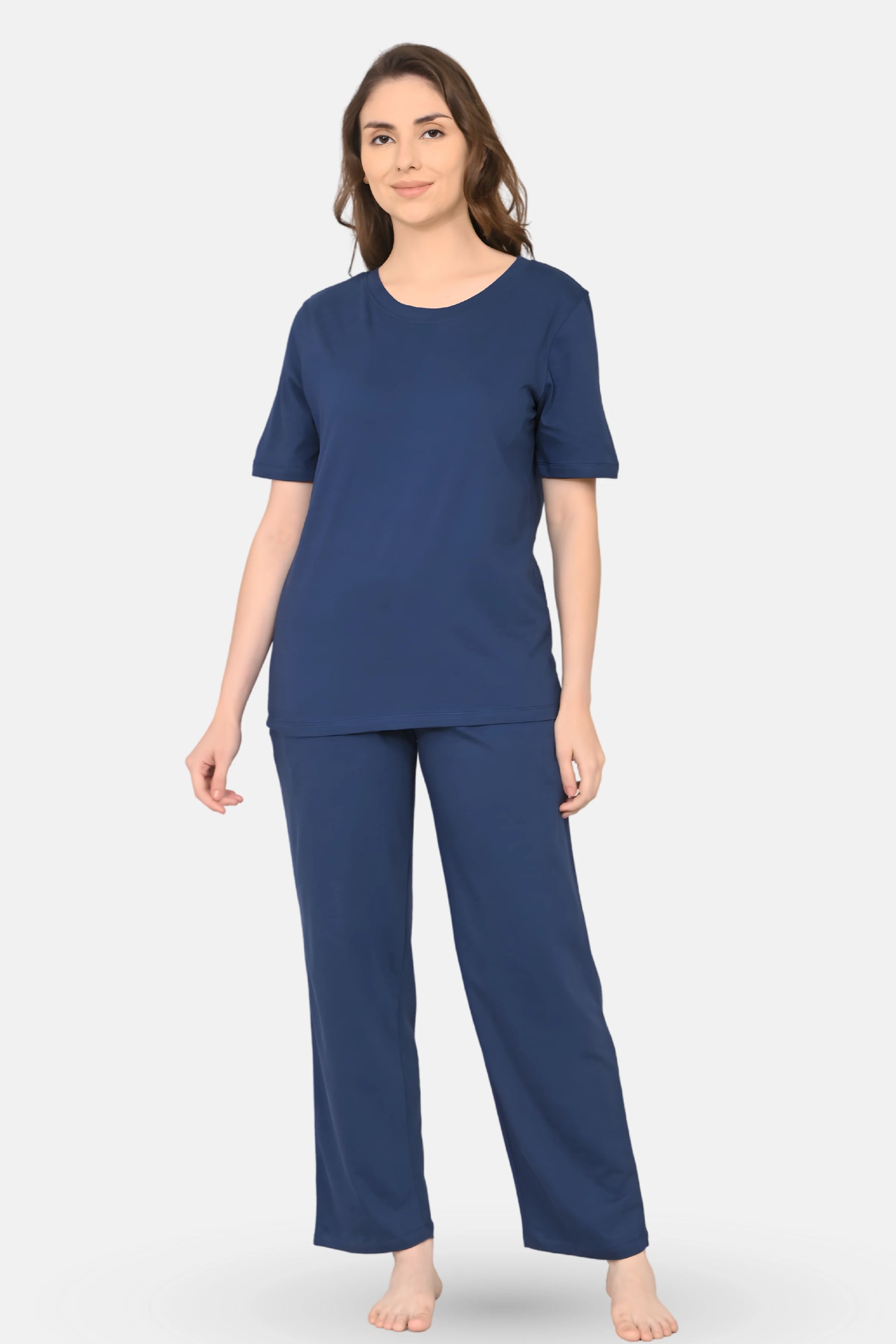 Woman wearing a airforce navy pajama set