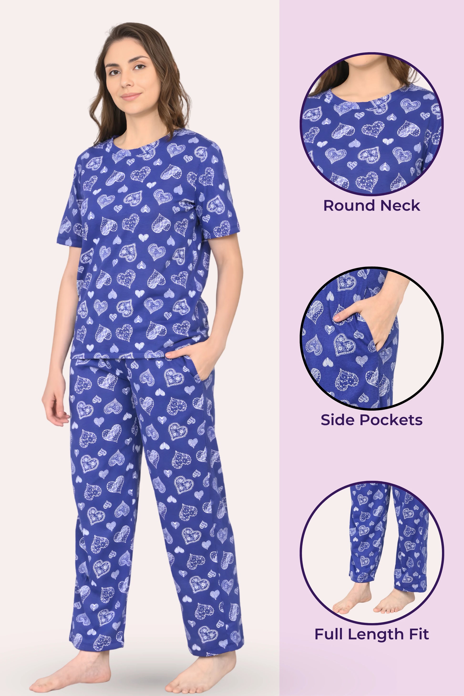 Woman wearing a navy hearts pajama set with heart patterns, surrounded by close-up details