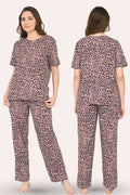 Woman wearing a brown leopard print pajama set from front and back views