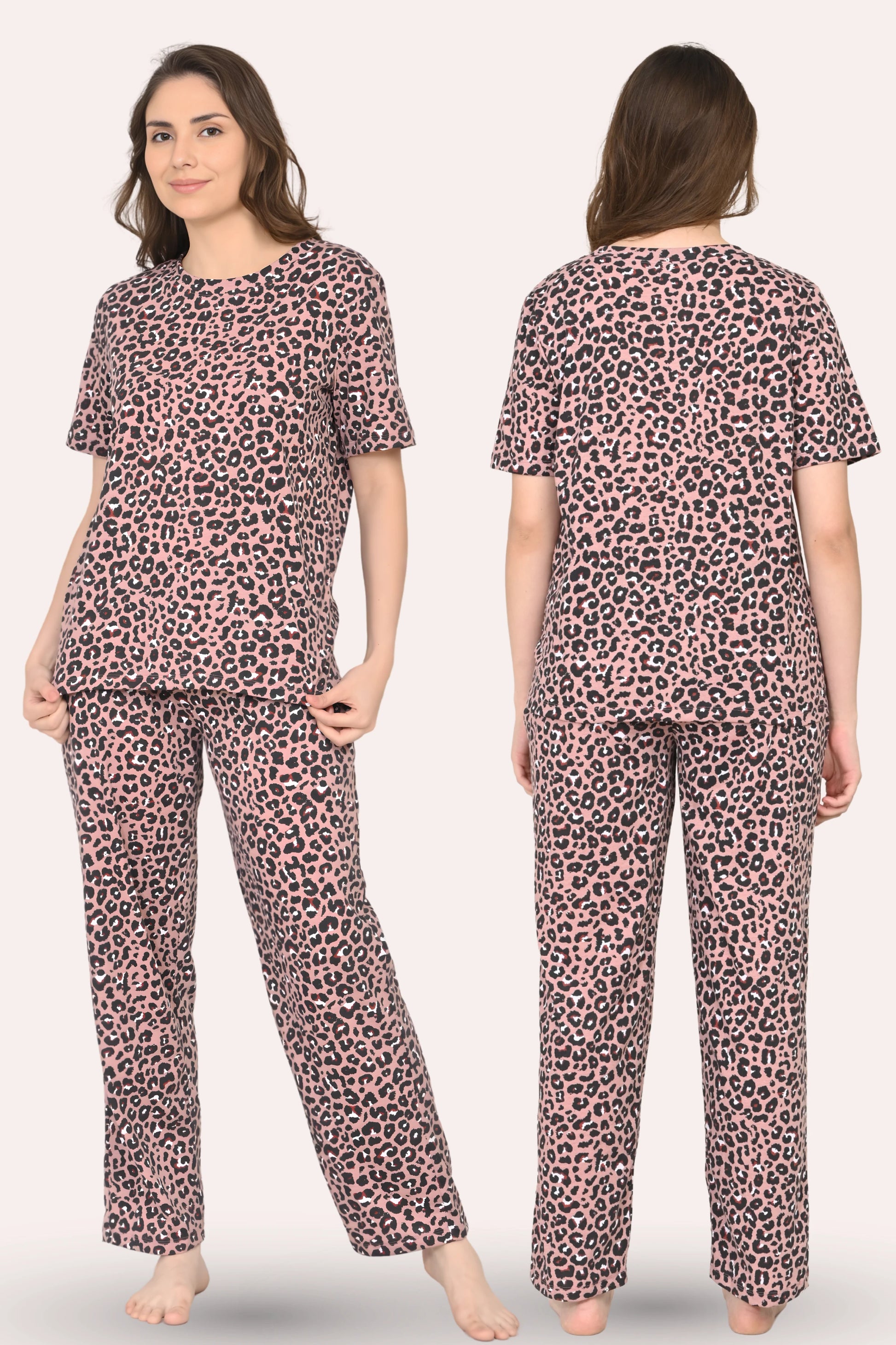 Woman wearing a brown leopard print pajama set from front and back views