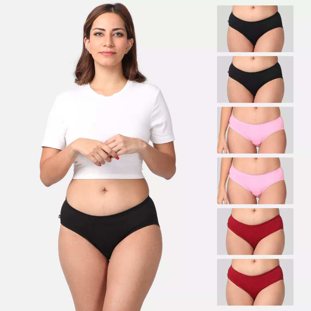 Woman wearing black mid-waisted underwear with inset images