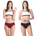 Two women wearing different color bikini sets on a white background