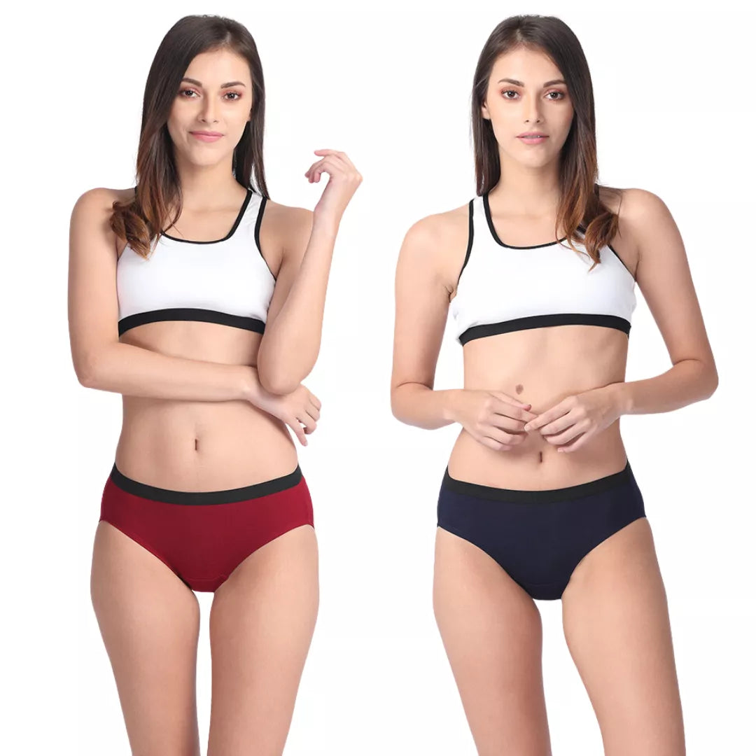 Two women wearing different color bikini sets on a white background