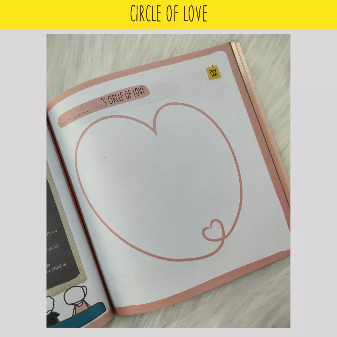 Notebook with a heart-shaped outline on a wooden surface, labeled 'Circle of Love'.