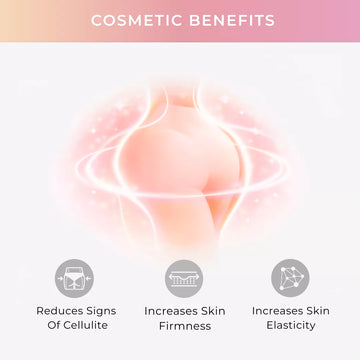 Cosmetic benefits of a product on a white background with pink gradient at the top.
