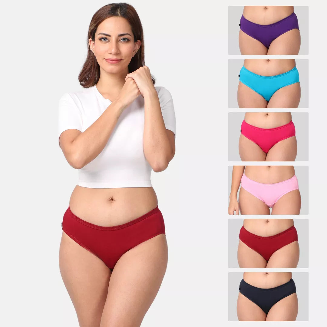 Woman wearing maroon underwear with inset images of other colored underwear