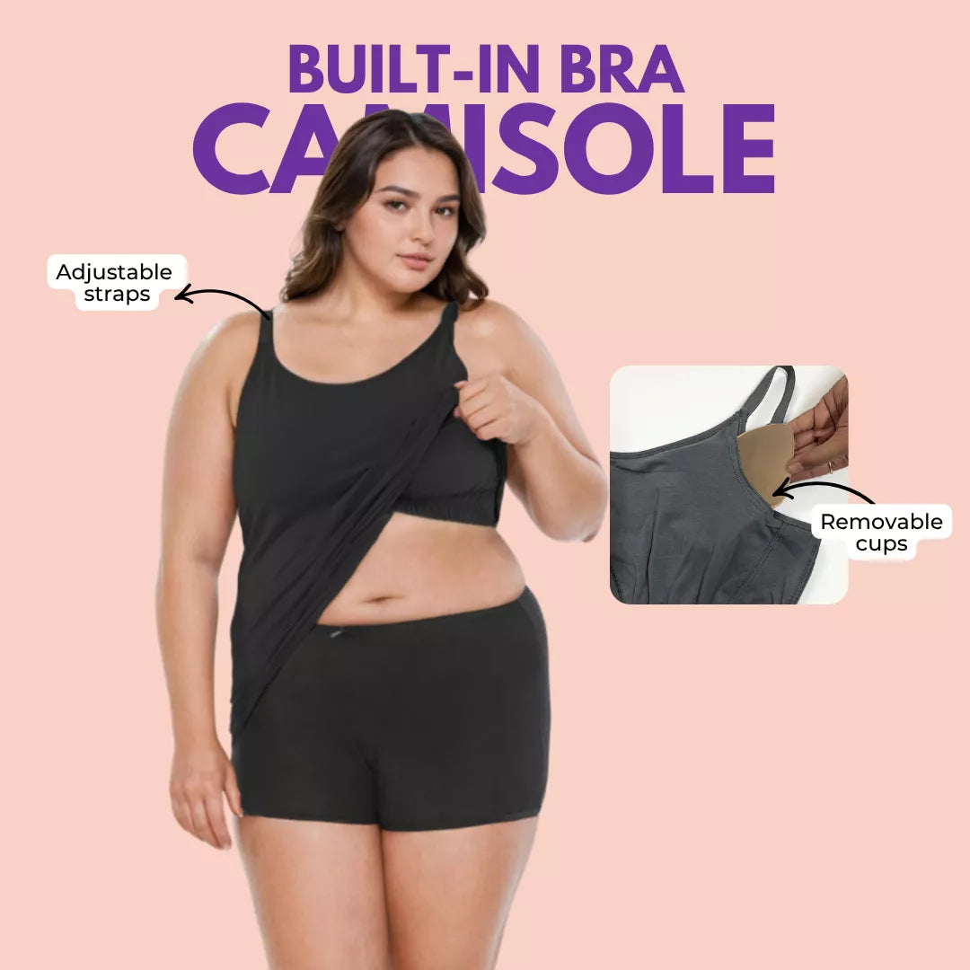 Woman wearing a black built-in bra camisole with text highlighting features on a pink background