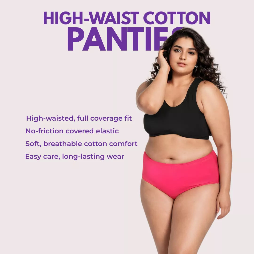 Woman wearing pink high-waist cotton panties with black sports bra on a light purple background.