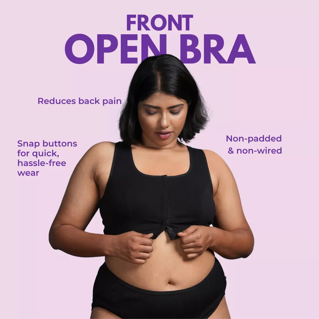 Woman wearing a black front-open bra with text on a purple background