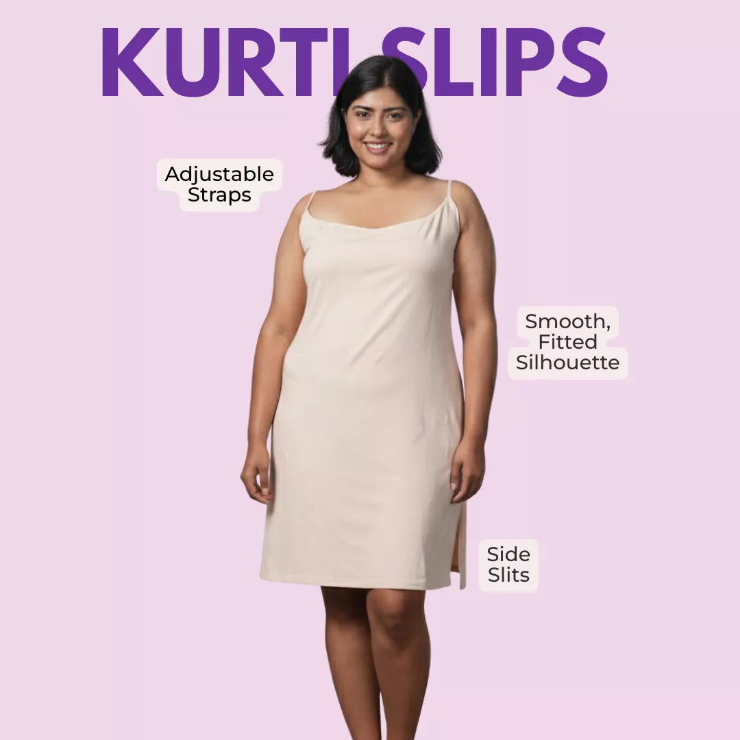 Woman wearing a beige kurti slip with text highlighting features on a pink background