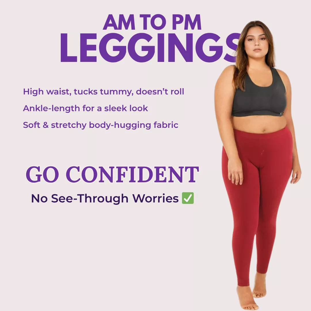 Woman wearing red leggings with promotional text about AM to PM Leggings on a light purple background