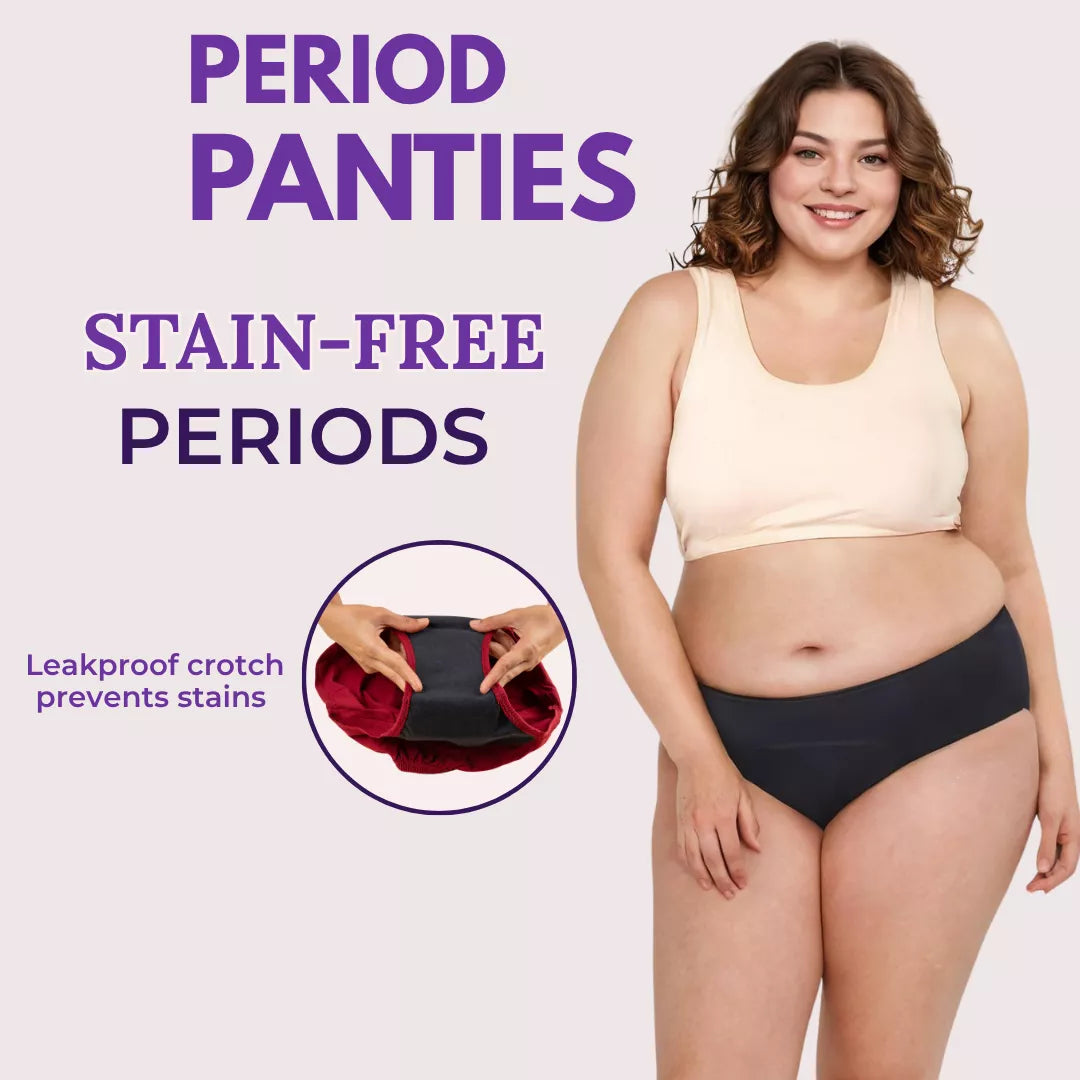 Woman wearing black period panties with promotional text about stain-free periods on a light purple background.