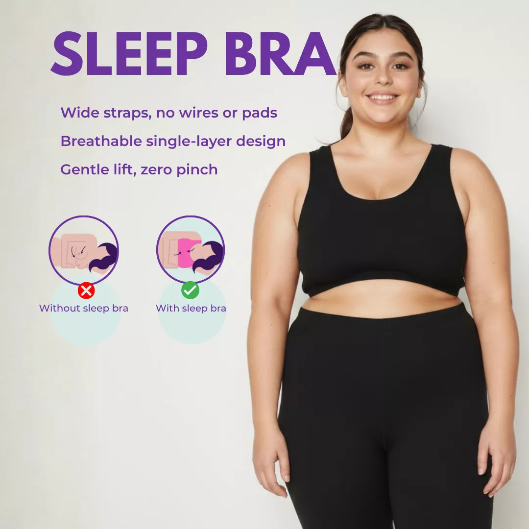 Woman wearing a black sleep bra with product features highlighted on a light gray background
