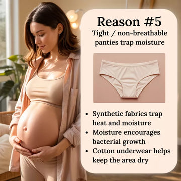 Pregnant woman holding her belly with text about the importance of breathable panties.