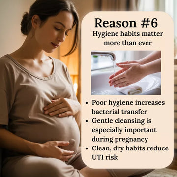 Pregnant woman holding her belly with a text overlay about the importance of hygiene during pregnancy.