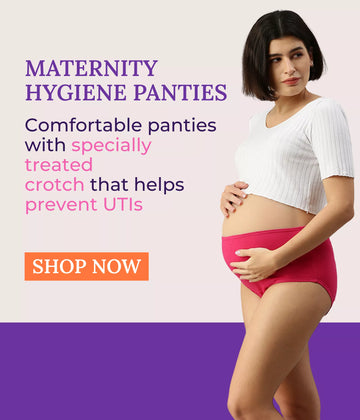 Promotional image of a woman wearing pink maternity hygiene panties with text about product features and a 'Shop Now' button.
