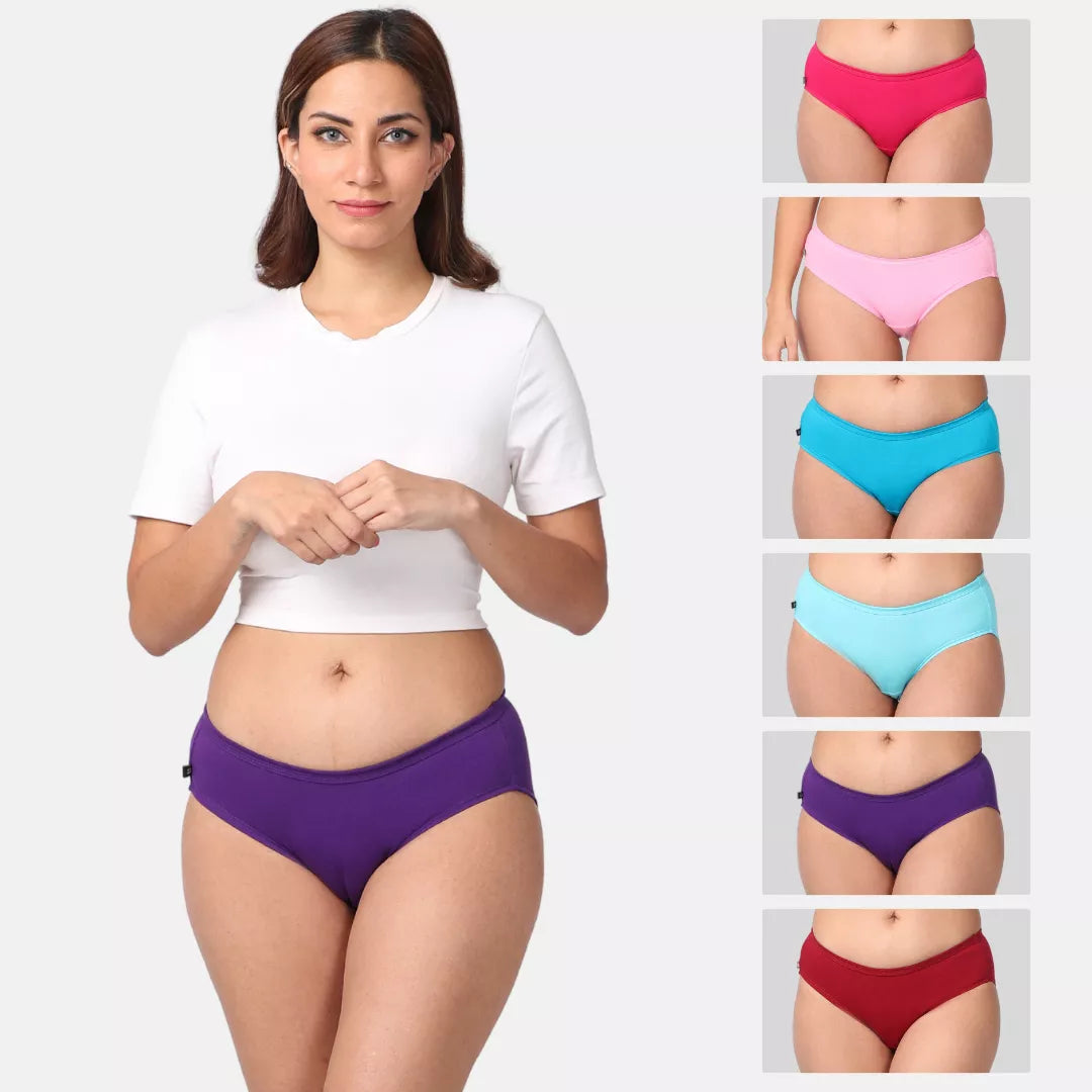 Woman wearing a magenta mid-waist  brief with inset images of colorful underwear