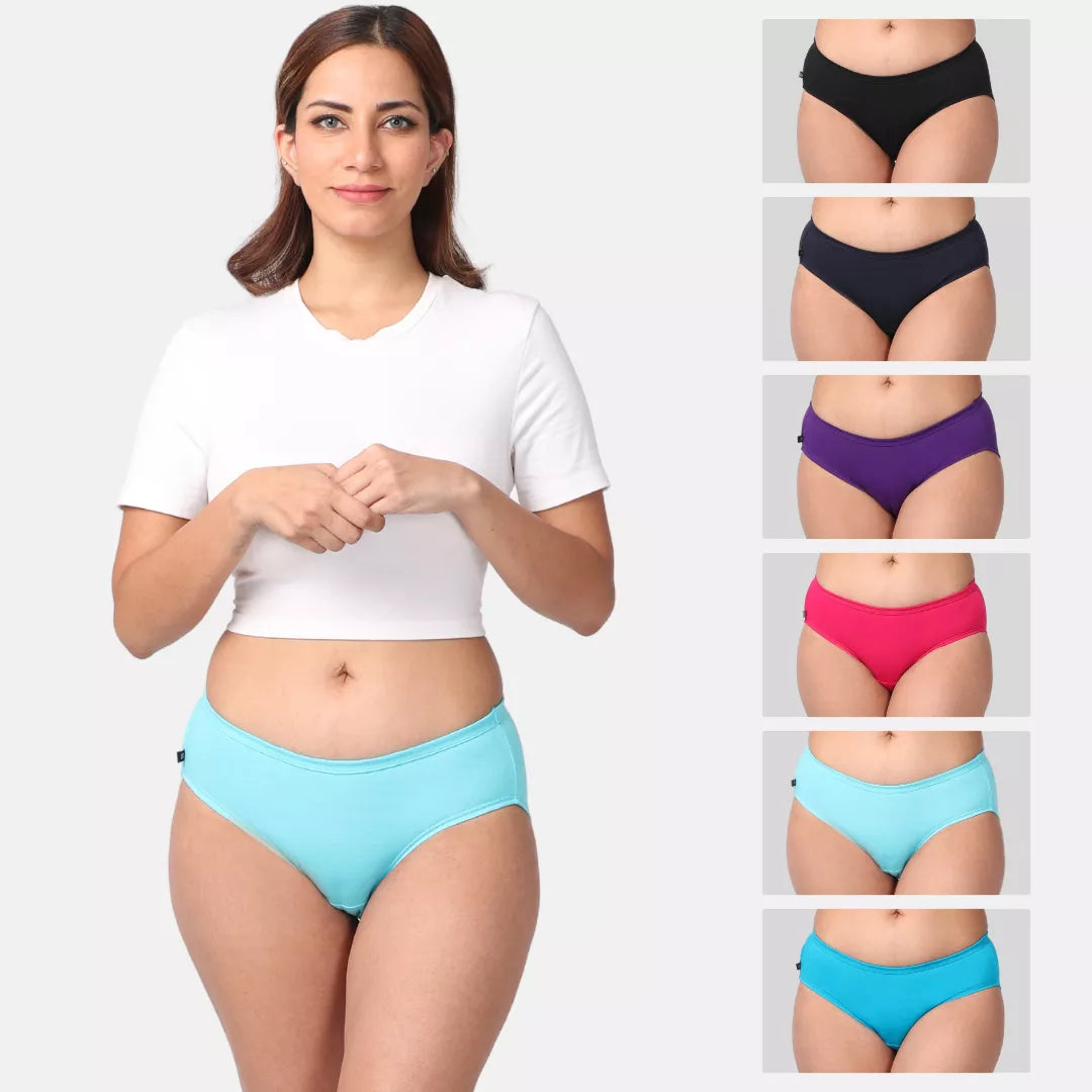 Woman wearing a blue mid-waisted brief bottoms with color options