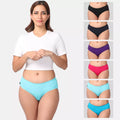 Woman wearing a blue mid-waisted brief bottoms with color options