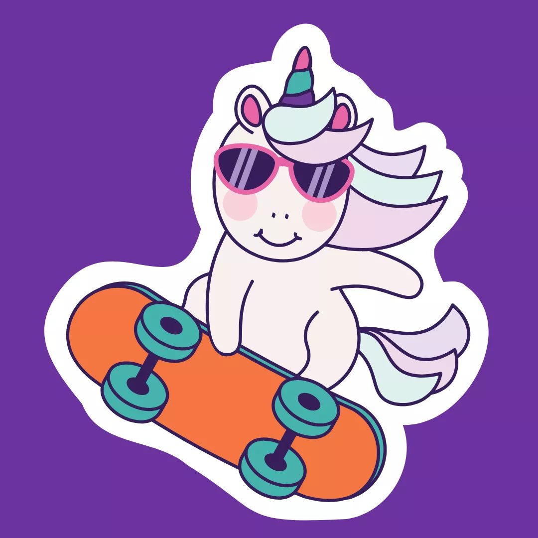 Cartoon unicorn with sunglasses and a skateboard on a purple background