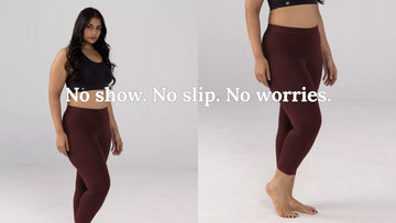 Woman wearing maroon leggings with text 'No show. No slip. No worries.' on a white background