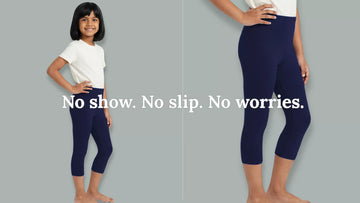 Two people wearing navy leggings with text 'No show. No slip. No worries.' on a gray background