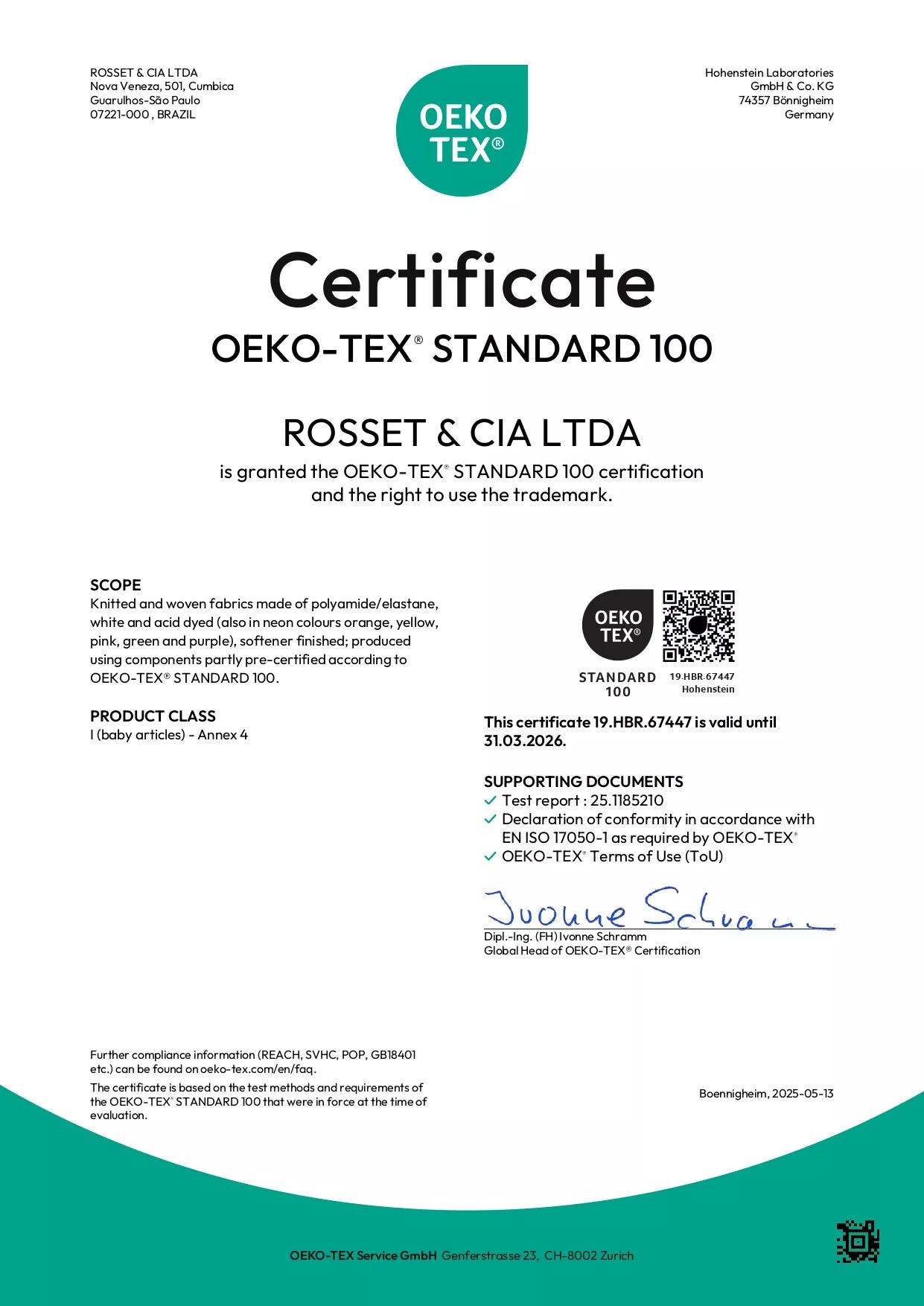 oeko tex certificate rosset page