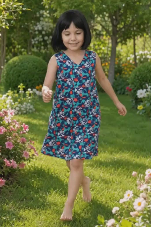 A video reference for girls cotton nightgown blue floral aop