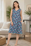 A video reference for v neck cotton nighty women blue floral aop