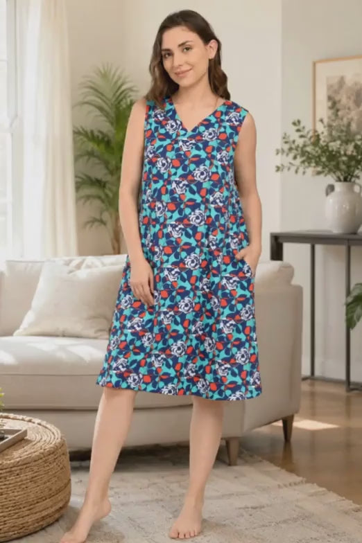 A video reference for v neck cotton nighty women blue floral aop