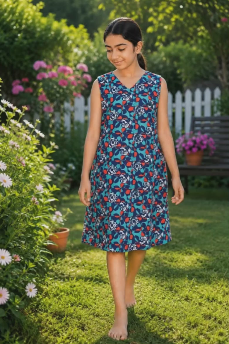 Blue Floral AOP Night Dress Knee Length Nighty Video