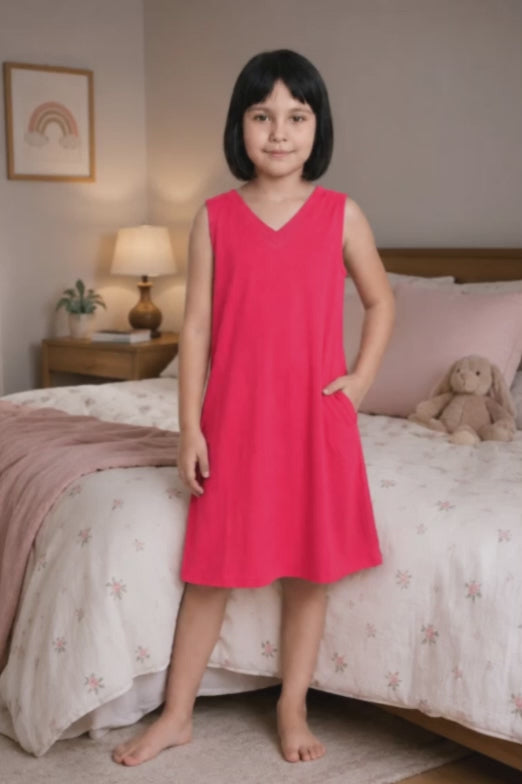 A video reference for girls cotton nightdress dark pink