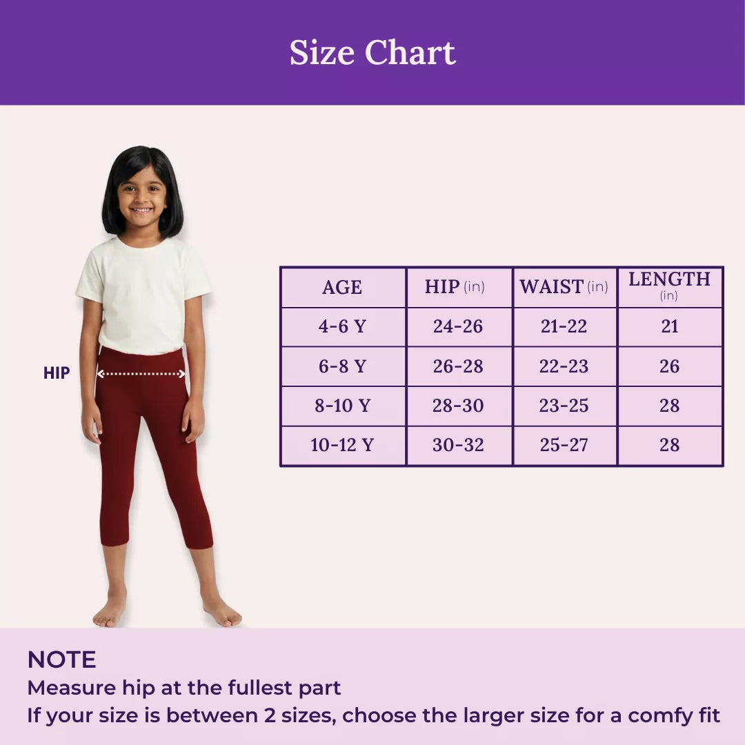 size chart for girl cropped leggings-maroon