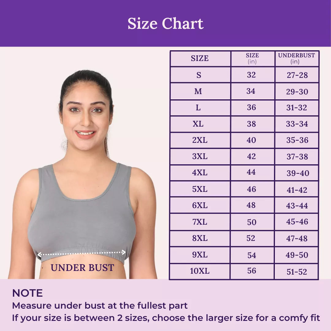 Size chart for a sleep bra with a model and measurement guide