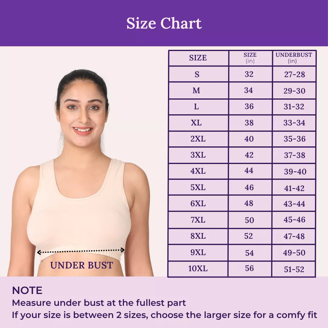 Size chart for a sleep bra with a model and measurements